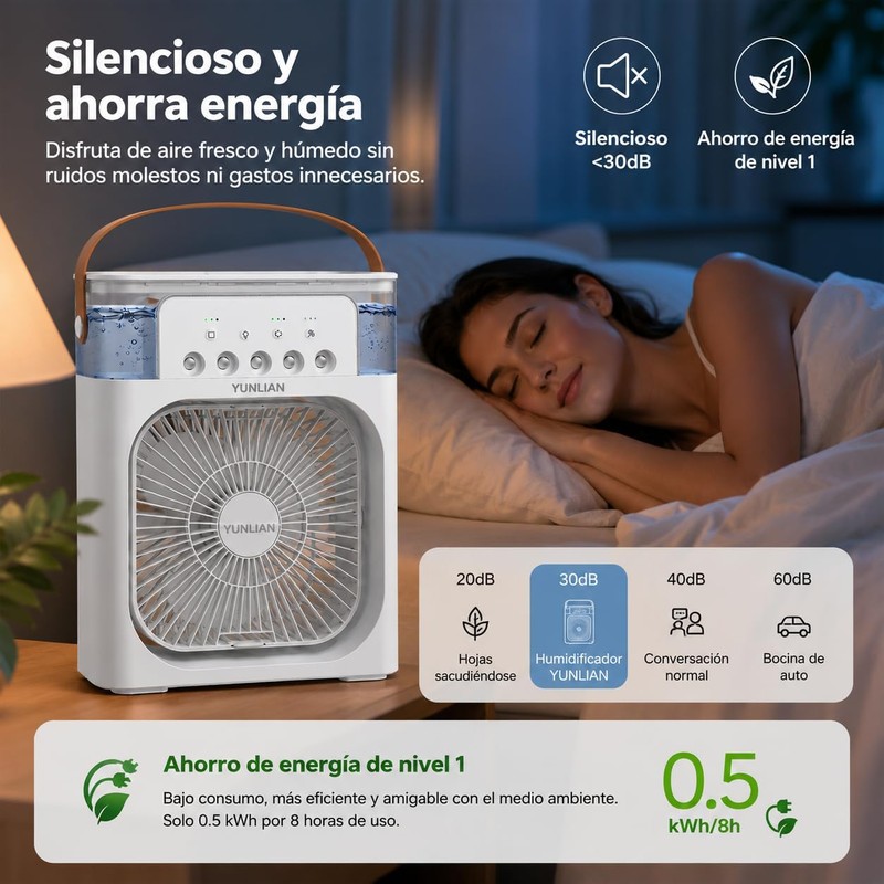 Ventilador Portátil con Humidificador, 5 Salidas de Niebla, 3 Velocidades