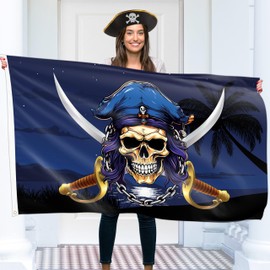 Pirate Flag – Jolly Roger Flag with Crossed Rapires - Funny Flag – 110 Den polyester - Double Seam - 2 brass eyelets, large 5ft x 3ft