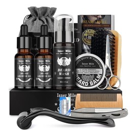 Kit Cuidado Barba, Incluye Crecimiento de Barba Rodillo, Champú Barba, Peine Barba, Cepillo Barba, Aceite Barba, Balsamo Barba, Barba Tijeras, Mejor Regalo Perfecto Originales para Hombre o Papa (Negro)