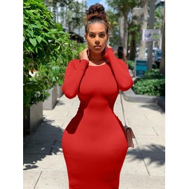 XXTAXN Women's Sexy Bodycon Long Sleeve Round Neck Work Office Midi Pencil Dress Red