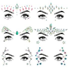 Shineyes Pack of 6 Temporary Tattoos for Face Body Eyes, Face Jewels, Stickers Glitter, Made of Gemstones, Rhinestone Crystals for Raves, Carnival, Masquerade, Music, Birthday Party, Festival