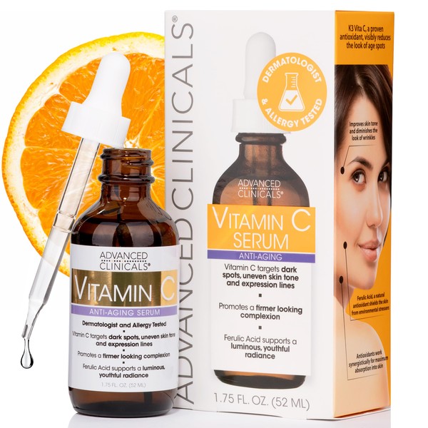 Advanced Clinicals Brightening Vitamin C Face Serum Anti Aging Eye Serum | Potent Vitamin C Face Moisturizer Acne Facial Serum For Dark Spot Treatment, Wrinkle Repair, & Uneven Skin Tone, 1.75 Fl Oz