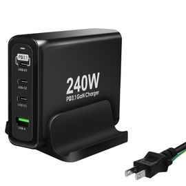 GEWUCHARGER Charger, 4-Port 240W Charger, USB-C X3 & USB-A, USB C 1 Port, PD3.1 Compatible, Single Port, 140W, High Output, Supports PPS105W Standard, Double 100W Output Support, GaNII Rapid Charger,