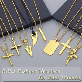 XIANNVXI 8 Pcs Gold Necklaces Men Mens Gold Necklaces Set Gold Pendant Necklaces for Men Gold Cross Necklace Gold Jewellery for Men