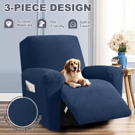 JIVINER Oversized Recliner Chair Covers, Newest 3 Piece Slipcovers for Large Recliner Chair Soft Jacquard Reclining Chair Protector Slipcovers for Dogs,Cats (X-Large, Navy Blue)