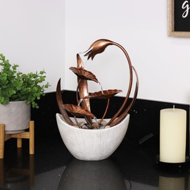 Alpine Corporation ZEN918 Indoor Tabletop Multi-Tiered Metal Falling Leaves Water Fountain with Stone-Filled Base, 14"