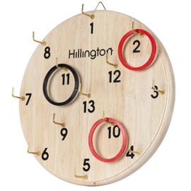 Hillington Hook Ring Toss Game - Safe Alternative To Darts - Hang the Wooden Board and Play - 30cm Wooden Board and Hanger, 6 Red Rings, 6 Black Rings, 13 Brass Hooks