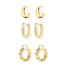 ALLHOLA 14K Gold Hoop Earrings for Women, Hypoallergenic Chunky Gold Hoop Earrings Multipack, Lightweight Twisted Huggie Hoops Earring Set Jewelry for Gifts (A-3 gold hoops)