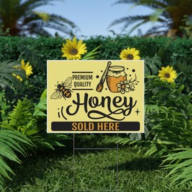 Honey Sold Here Yard Sign, Full Color Printed Double Sided, Outdoor Weatherproof Signs Includes Metal H-Stakes, Farm Stand, Beekeeping, Local Honey, Farmers Market (Yellow, 24x18 Inches - 2 Pack)