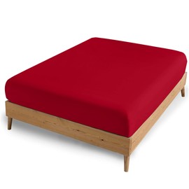 AMEHA Double Fitted Sheet - Red Bed Sheets Extra Deep Pocket 16 inch (40 cm) Soft Brushed Microfiber for Double Bed