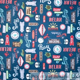 Signature BonEful Fabric FQ Cotton Quilt Blue Sky Sea Ocean Vacation Hotel Relax Sign SALE