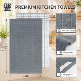 Kitinjoy Premium Kitchen Towels (16"x 28", 6 Pack), Large 100% Cotton Terry 390 GSM Kitchen Hand Towels, Ultra Absorbent Check Design Tea Towels Set with Hanging Loop, Grey