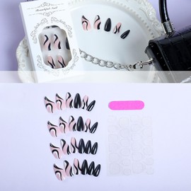 RTKHFZE Press on Nails Short Almond Press on False Nails Black Full Cover Fake Nails with Black White Swirl Designs Acrylic Press on Nails 24Pcs Glossy Fake Nails with Nail Glue for Women Girls