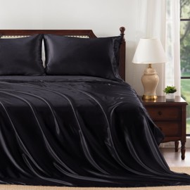 Heywaller 4 Pcs Satin Sheet Set Queen Size Bed Sheets, Black Satin Sheets Silky & Luxury Bed Set, Soft Deep Pocket Sheets Cooling Bed Set, 1 Fitted Sheet, 1 Flat Sheet, 2 Pillowcases