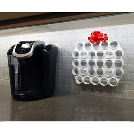 Storage Theory K Cup Holder Wall Mount - K Pod Holder with Peel-and-Stick Installation for 28 K Pods - Tea and Coffee Organizer for Pods - Cafe Wall Caddy K Cup Display White