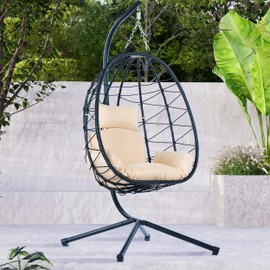 ESPIDOO Hanging Egg Chair with Stand: Indoor Outdoor Swing Chair for Patio & Balcony - Black Rattan Wicker Basket Chair with Beige Cushion for Adults Relaxation