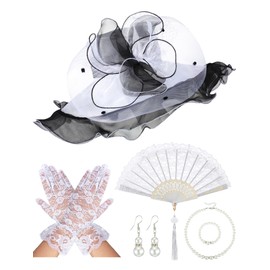 Croknit 6 Pcs Kentucky Organza Derby Hat Tea Party Hat Set for Women with Fascinators Hat Necklace Bracelet Earrings Fan(White)