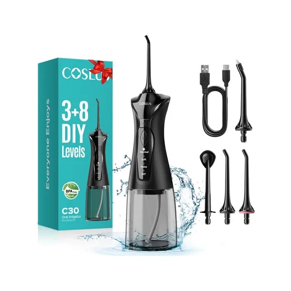 Irrigador Bucal Portátil Coslus C30 Negro 300ml 4 Boquillas 4