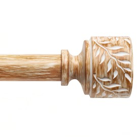 Wood Curtain Rods for Windows 28 to 48, 1 Inch Adjustable Decorative Heavy Duty Curtain Rod with Wooden Grain Leaf Pattern Finials, Boho Drapery Rods for Bedroom, Living room, Easy Install Only 2 Rod