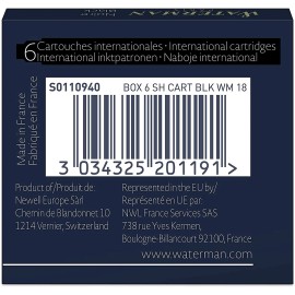 Waterman Fountain Pen Cartridges, Short International, 6 Ct Per Pack, 3 Packs - S0110940 Intense Black