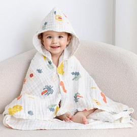 usbettas Muslin Baby Hooded Towel, Ultra Soft and Highly Absorbent Toddler Bath Towel, 100% Muslin Cotton Bath Wrap for Babies - Large Newborn Essential 43 x 43 Inch (Dinosaur)