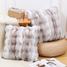 Madizz Pack of 2 Thick Plush Wool Throw Pillow Covers 12x20 Inch White Taupe Soft Decorative Cushion Cover for Sofa Bedroom Pillow Shell
