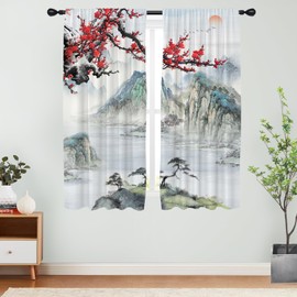 RTFEVG Japanese Cherry Blossom Window Curtain Asian Anime Cool Watercolor Red Floral Landscape Abstract Art Drapes Rod Pocket 42x63 Inches Bedroom Curtain Set for Living Room Bathroom Kitchen Decor