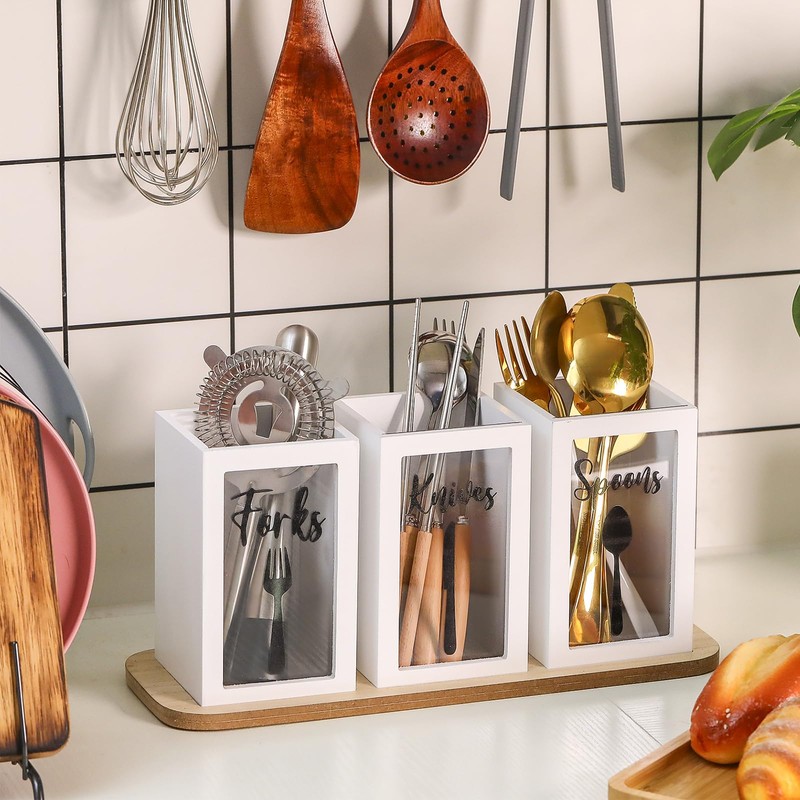 Gejoy Clear Acrylic Silverware Cutlery Caddy Utensil Holder with Wood