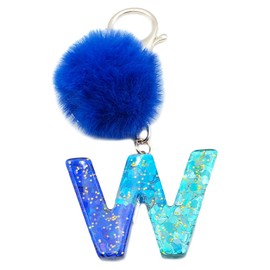 Xsclpomddy Initial Letter Resin Alphabet Key Rings with Fur Ball Pom pom keychains for Wallet Backpack Handbags Women Girls,W