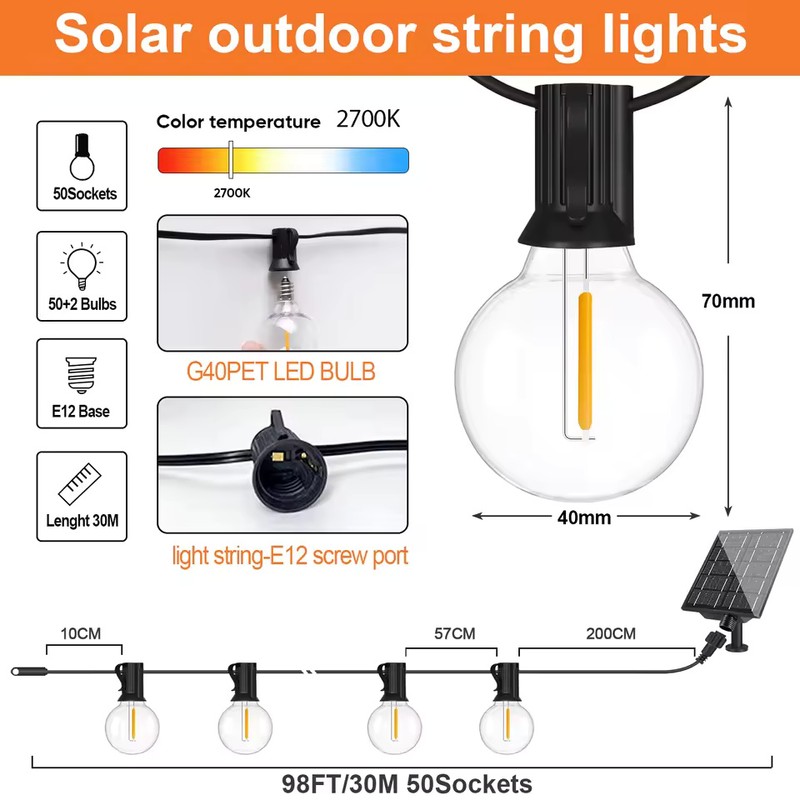 33ft Solar String Lights with 10H Auto On/Off Sensor, Warm