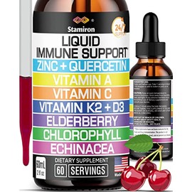 Zinc Quercetin Vitamin C D3 Liquid Immune Support with Vitamin A K2 Echinacea Chlorophyll and Elderberry - 9in1 Immune Defense Drops Complex for Immunity Health Respiratory Health - 60 Servings