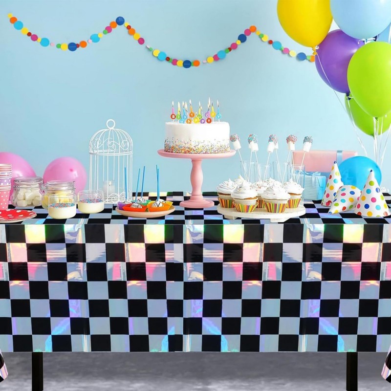 2 Pack Black and Iridescent Checkered Plastic Tablecloth, 54" x