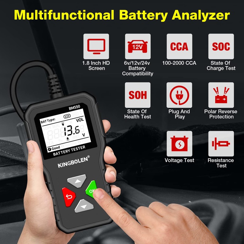 KINGBOLEN BM550 6V 12V 24V Car Battery Tester, 100-2000 CCA