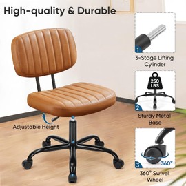 DUMOS Armless Small Home Office Desk Chair - Vanity Task Chair with Low Back, Height Adjustable PU Leather Swivel Computer Chair with 360° Rolling Wheels, Deep Brown