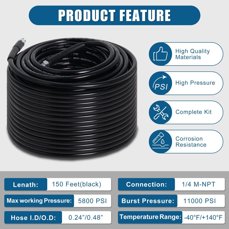 150FT Sewer Jetter Kit for Pressure Washer 5800PSI Drain Cleaner