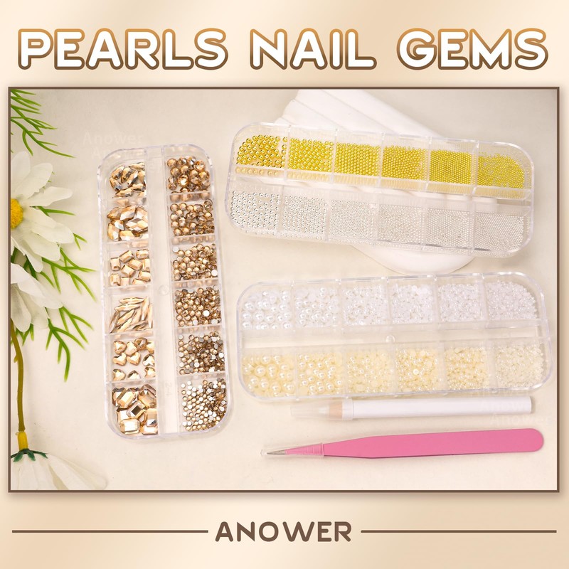 3 Boxes Champagne Gold Nail Rhinestones, White Beige Flatback Pearls