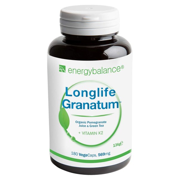 EnergyBalance Longlife Granatum - Capsules with Vitamin K2, Green Tea Extract, Antioxidants - Natural Form as MK-7 - Vegan, Gluten Free, No Additives - 180 VegeCaps of 569 mg