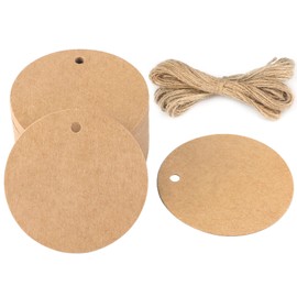 jijAcraft Brown Round Gift Tags with String, 2" x 100PCS Circle Kraft Paper Tags, Paintable Blank Hang Tags for Gift Wrapping, Craft Projects, Christmas Gift, DIY Wedding Favor Bags