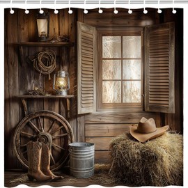 Western Rustic Barn Shower Curtain Farmhouse Cowboy Boots and Hat Oil Lamp Brown Wooden Wheel Rural Vintage Window Country Ranch Southwest Men Bathroom Decor Fabric Curtain with Hooks 70X70Inch