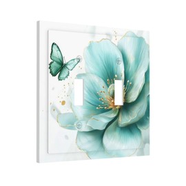 Yamxbfa Decorative Light Switch Cover Plate Watercolor Big Blue Flower Floral Teal Green Butterfly 2 Gang Wall Plate Oversized Double Toggle Two Switch Wall Cover Plate Device Electrical Face Plate