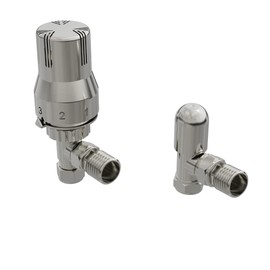 NRG 15mm Angled Thermostatic Radiator Valve and Manual Angled Valves Satin Nickel