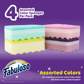 Fabuloso Sponges, Rainbow - Scratch-Free Scrubber for Dishes and Surfaces - Dishwashing Sponge for Bold and Bright Cleaning Experience, 4 Count