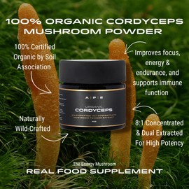 APE Nutrition Organic Cordyceps Mushroom Extract Powder - Certified Organic & Wild Crafted, Improves Energy & Muscle Function, UK Supplements, No Fillers, 40G (40-80 Servings)
