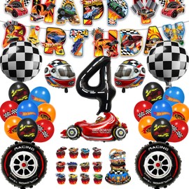 Hot Whels Birthday Decoration 4 Years Boy, 54 Pieces Hot Whels Birthday Party Set, Hot Whel Birthday Geko Racing Car Decoration Birthday Balloons for 4 Years Boy Birthday Party