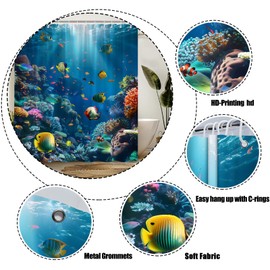 NYCCSM Underwater Shower Curtain Colorful Tropical Fish Coral Reef Modern Fun Ocean Marine Life World Fabric Bathroom Decor Sets with Hooks