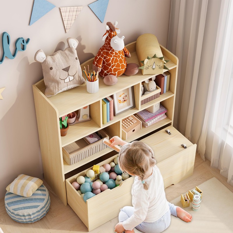 IDEALHOUSE Toy Storage Cabinet, Kids Bookshelf with Movable Drawers and