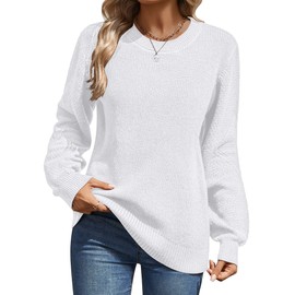 Zeagoo Womens 2025 Fall Sweaters Lightweight Long Sleeve Ribbed Knit Crewneck Pullover Tops Crochet Casual Outfits All White Medium