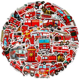 Glenmal 100 Pcs Firetruck Stickers for Kids Firefighter Stickers Cute Fire Truck Birthday Party Favors Supplies Decorations Waterproof Vinyl Truck Police Construction Stickers Water Bottles Decals