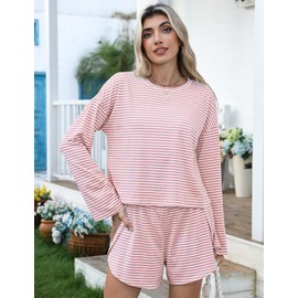 Kistore Womens 2 Piece Long Sleeve Pajama Sets Side Split Shorts Set Sleepwear Pjs Lounge Matching Comfy Sets Pink White Striped X-Large