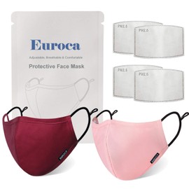 Euroca 4-Layer Cloth Face Mask Reusable Washable Adjustable For Adult -2 Packs with 4 Filters Included (Burgundy Baby-Pink)